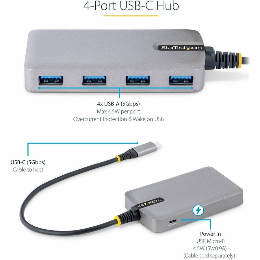 StarTech.com 4-Port USB-C Hub, 5Gbps, Bus Powered, 4x USB-A Ports, Optional Auxiliary Power, Portable USB Type-C Hub, 1ft/30cm Cable