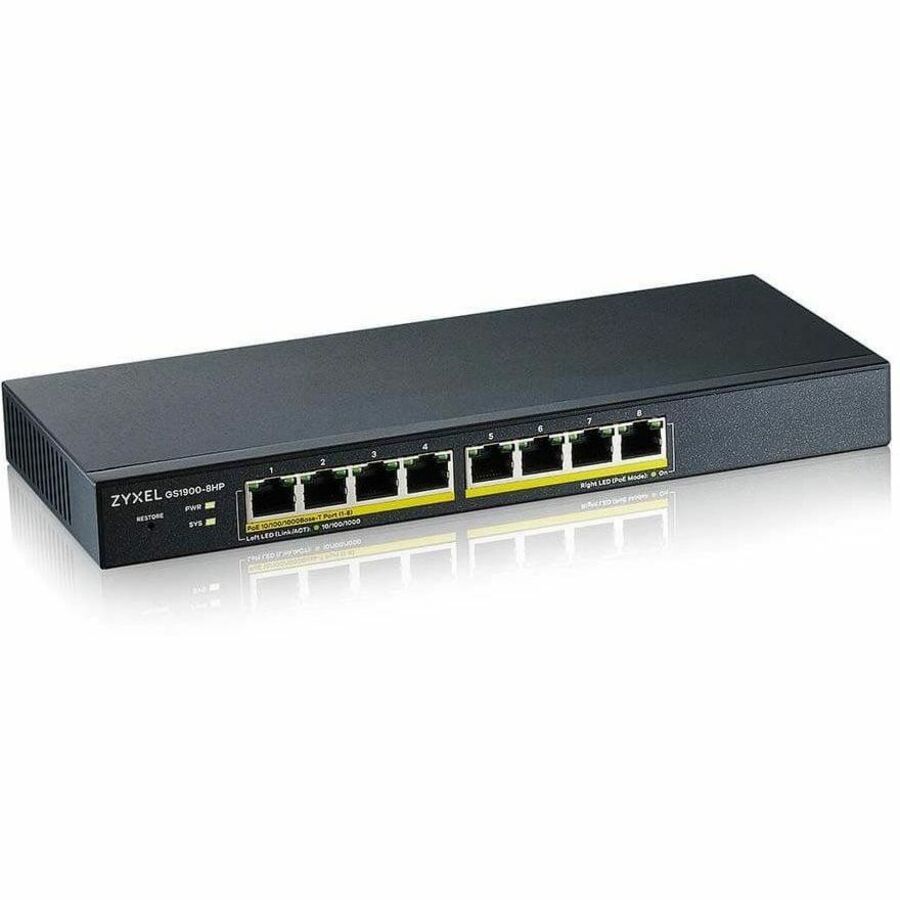 ZYXEL GS1900-8HP REV 03F 8-Port Gigabit Smart Managed PoE Switch | 8 PoE+ Ports at 77W | Fanless | TAA Compliant
