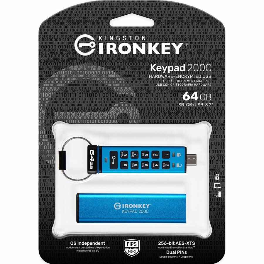 Kingston 64GB USB-C IronKey Keypad 200C, FIPS 140-3 Lvl 3 (Pending) AES-256, 200 m, Blue, IKKP200C64GB