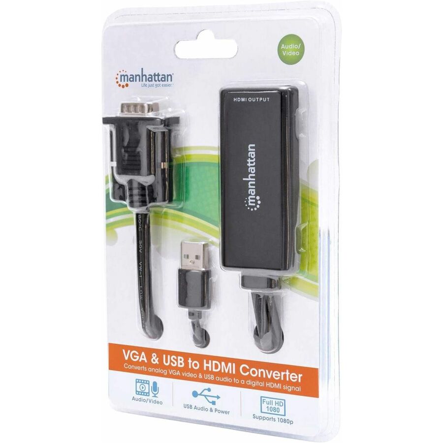 Manhattan VGA and USB-A to HDMI Converter, Analog VGA Video and USB Audio to Digital HDMI Signal, 1920x1080, 1080p@60Hz, 24-bit colour, 1.65 Gbps / 165 MHz, Three Year Warranty, Blister