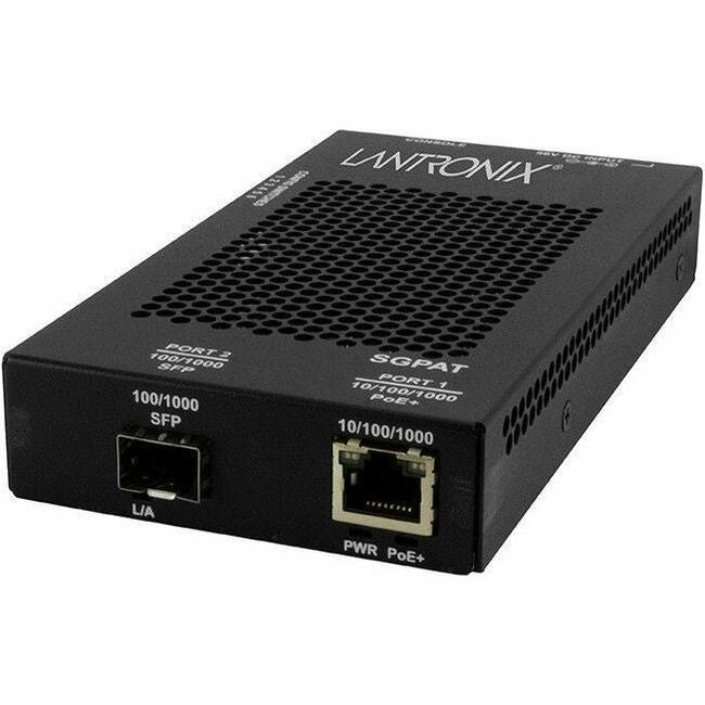 Transition Networks SGPAT1040-105 Transceiver/Media Converter, 100/1000Base-X, 2 lb, 3-port version offers (1) RJ-45 PoE+ port and (2) open SFP slots
