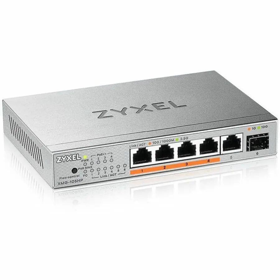 Zyxel 5-Port 2.5Gb MultiGig PoE Ethernet POE++ (60W) Switch | 5 x 100/1G/2.5G Ports + 1 x 10G SFP+ | 4 x PoE Ports | 70W Budget | Plug & Play | Desktop or Wall-Mount | Lifetime Warranty | XMG-105HP