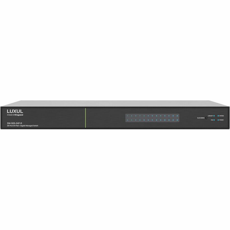 Legrand Luxul 1Gb L2/L3 Managed Switch - 24 PoE+, 4 (10G) SFP+ Rear-Facing Ports - TAA Compliant