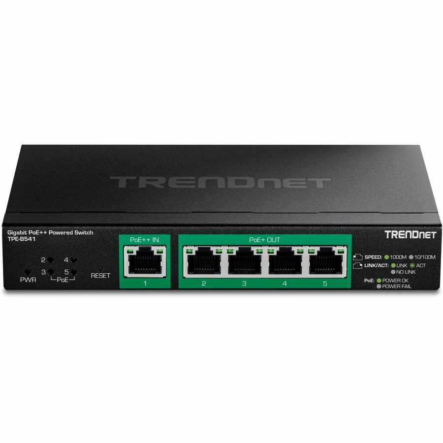 TRENDnet 5-Port Gigabit PoE++ Powered Managed Switch with PoE Passthrough, TPE-B541, 1 x Gigabit PoE++ Input, 4 x Gigabit PoE+ Output, 60W PoE Budget, NDAA