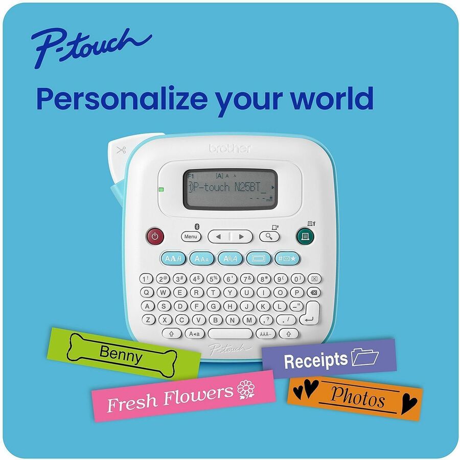 Brother Connect to even more ways to organize and personalize your life with the Brother P-touch PTN25BT Personal Connected Label Maker, 0.47 in, rf, White, PT-N25BT