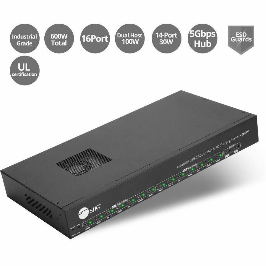 SIIG 16-port Industrial 600W USB-C PD Charging Station with 5Gbps USB Hub