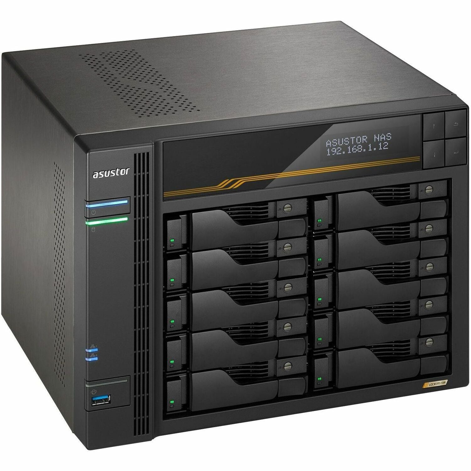 Asustor Lockerstor 10 Gen3 AS6810T 10 Bay NAS, AMD Ryzen Quad-Core 2.3 GHz, 16GB RAM ECC DDR5, 4 M.2 NVMe Slots, Dual 5GbE and Dual