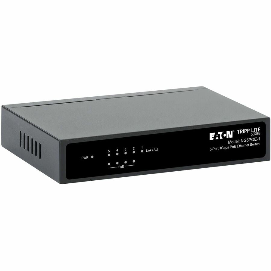 Eaton Tripp Lite Series 5-Port 10/100/1000 Mbps PoE-Powered Desktop Gigabit Ethernet Unmanaged Switch with PoE+ Pass-Through, 65W, Metal Enclosure