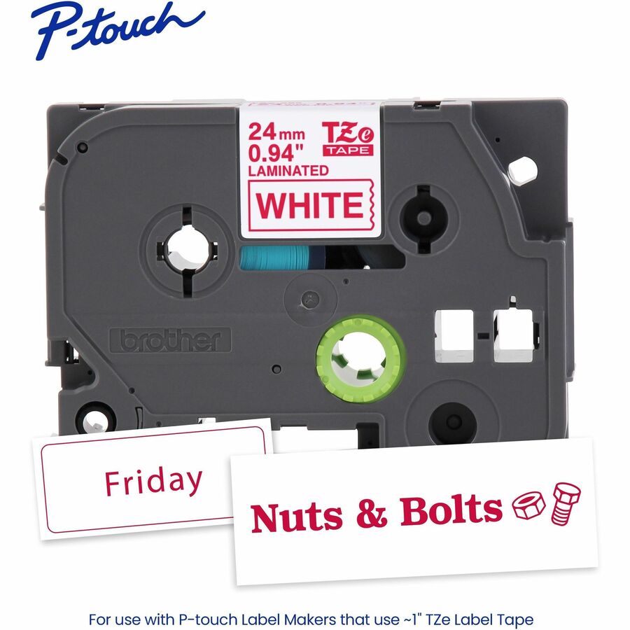 Brother P-touch TZe Laminated Tape, 0.94", Red, TZE252G, 26.20 ft, White