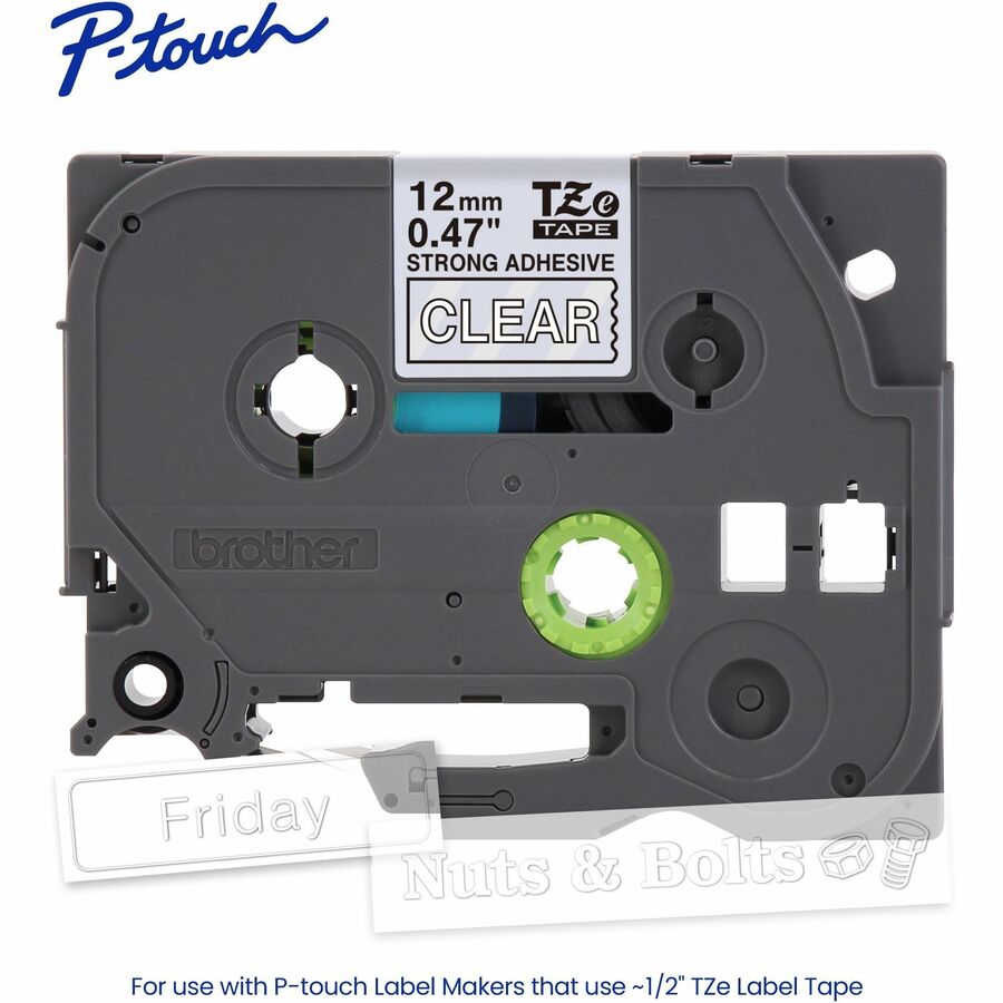 Brother Genuine P-touch TZeS135 WHT on CLR Label Tape, Strong Adhesive Lam., 12mmX8m