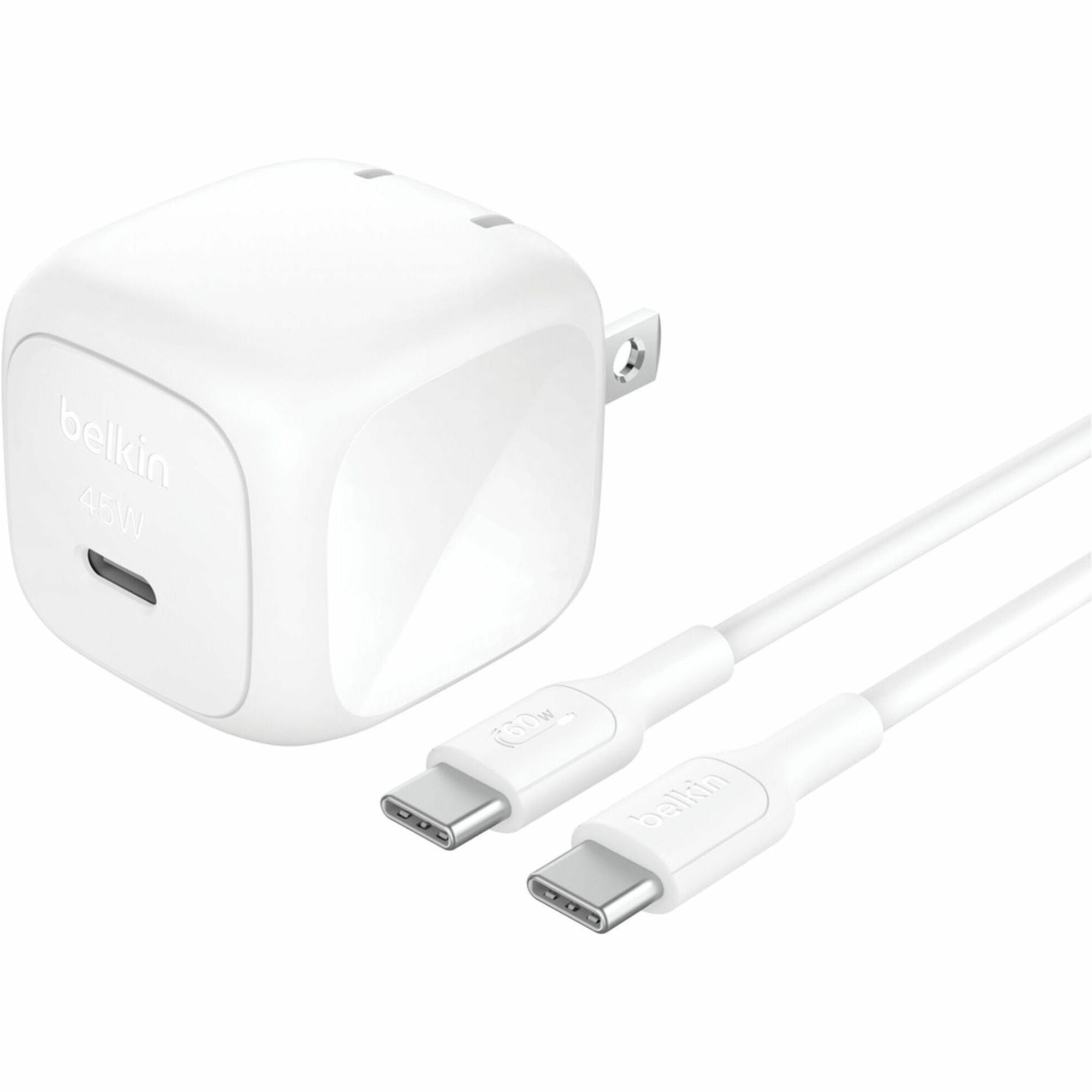 Belkin 45W Portable Cubic USB-C Wall Charger w/ USB-C Cable - 1xUSB-C - Foldable Prongs - Fast Charge - Power Adapter - White