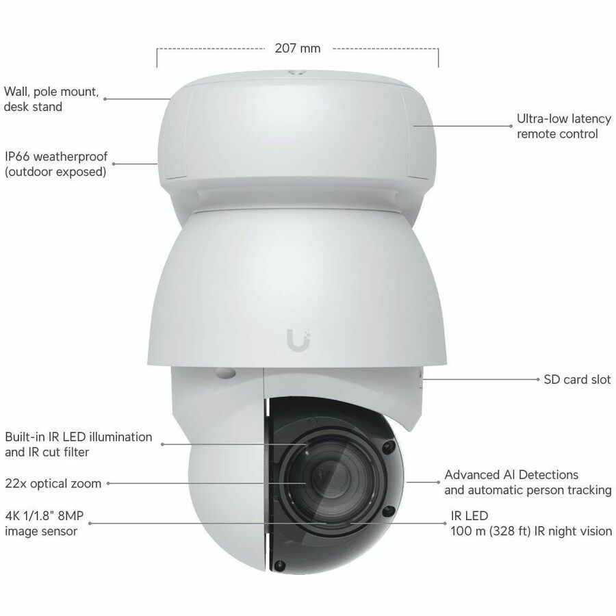 Ubiquiti UVC-AI-PTZ 8 Megapixel Outdoor 4K Network Camera - Color - White